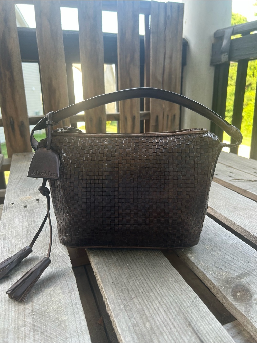 Max Mara Made in Italy Brown Woven Leather Shoulder Bag Tassel Quiet Luxury Hobo